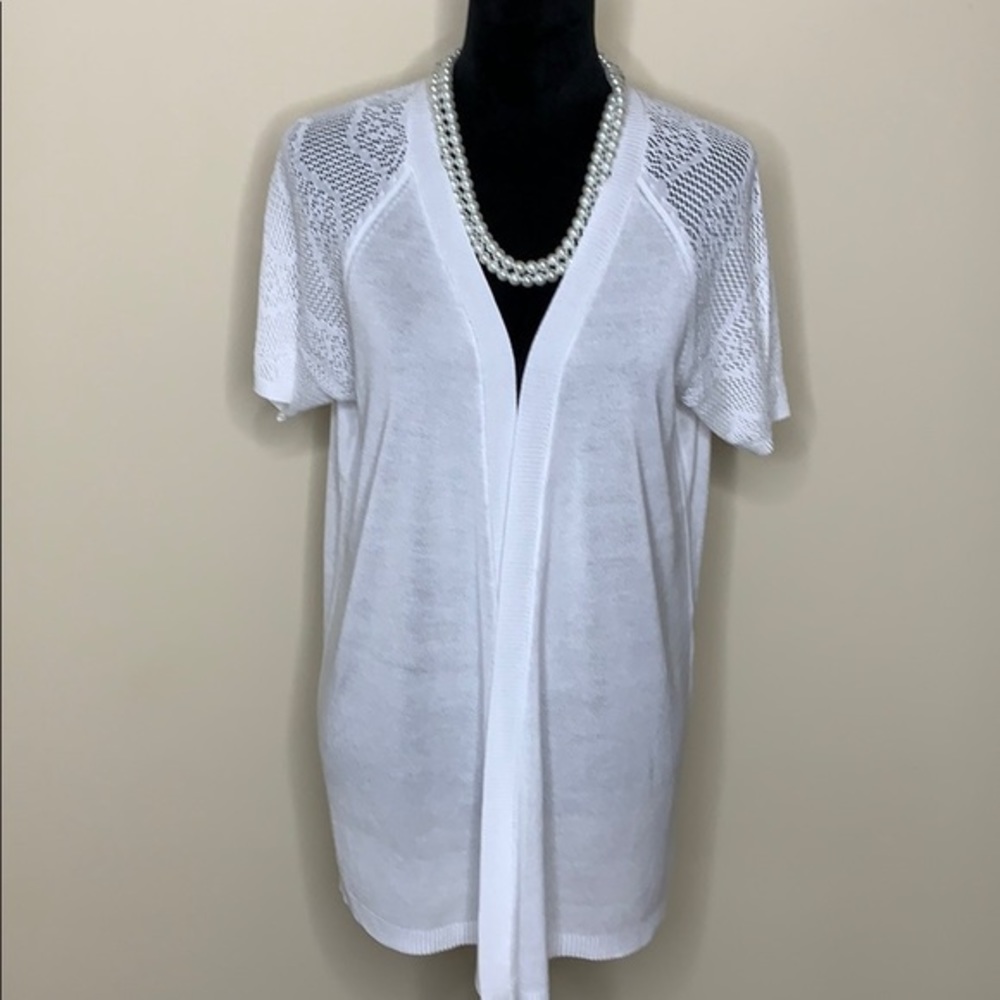 JOAN VASS open knit lace cardigan.